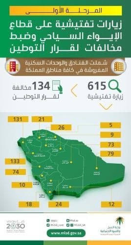 "العمل والتنمية الاجتماعية" تنفذ 615 زيارة تفتيشية على قطاع الإيواء السياحي وتضبط 134 مخالفة